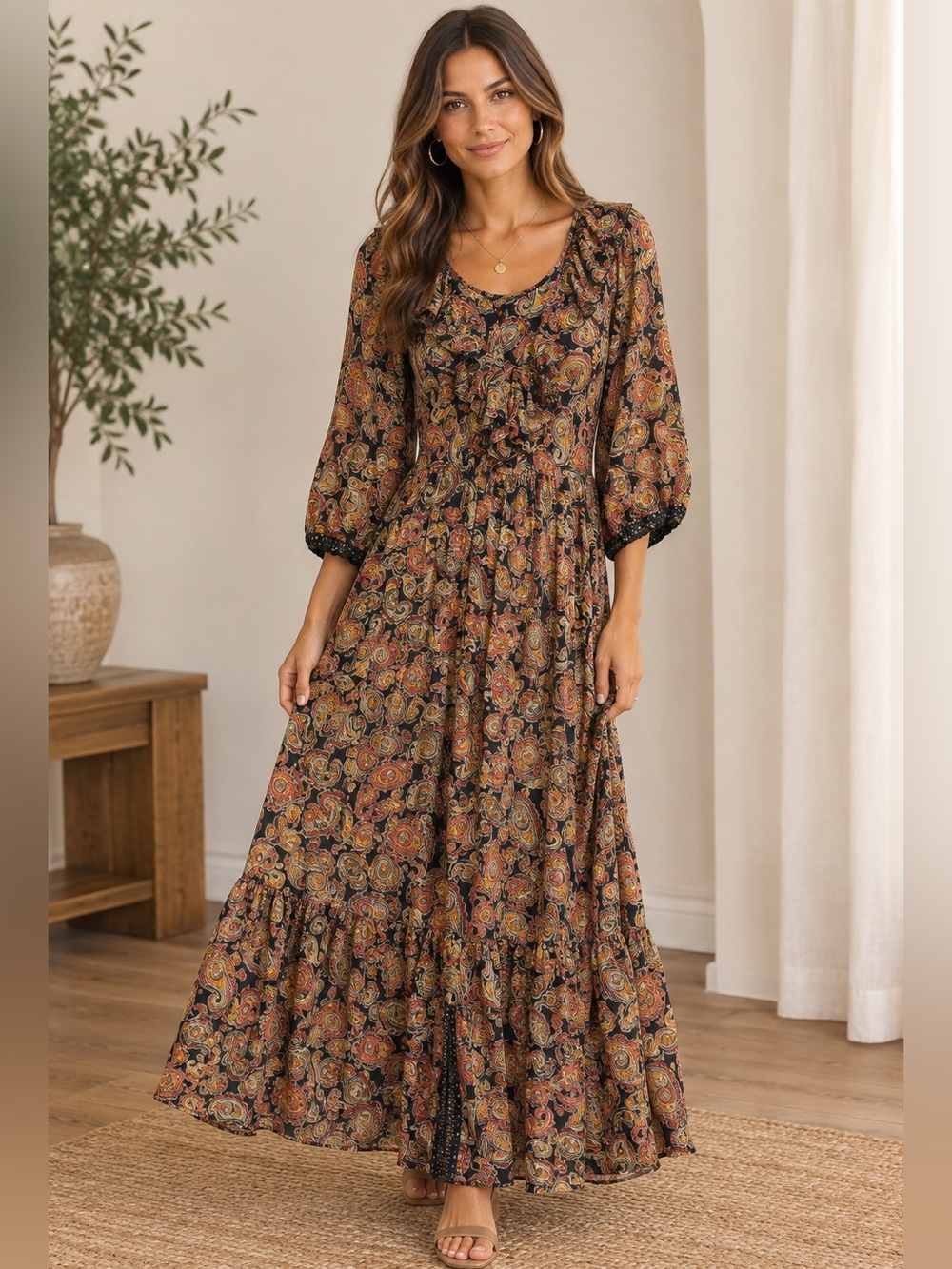 Anthropology Boho Earthy Whimsical Maxi Dress Artisan Paisley Gold Ruffle L